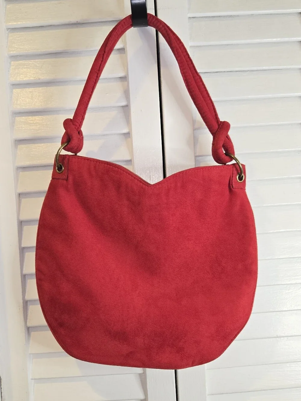 Vintage ESCADA Parfums Red Faux Suede Hobo Shoulder Bag Studded Logo Knot Strap